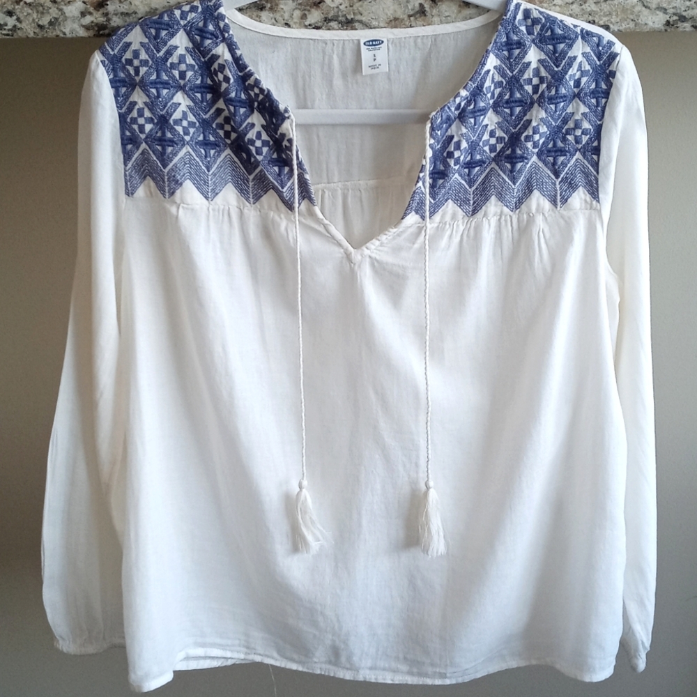 Old Navy Women's White Semi Sheer Blue Embroidered Long Sleeve Summer Blouse S